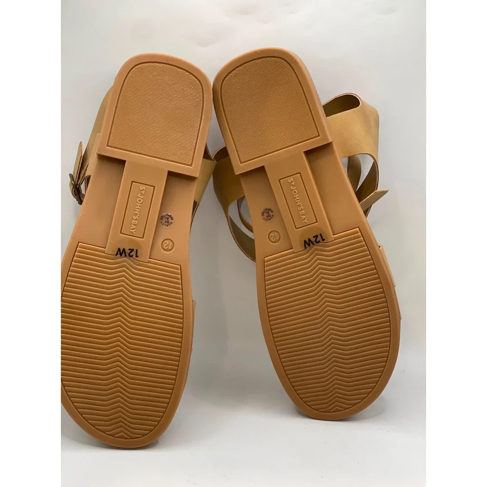St Johns Bay Esposito Tan Strappy Flat Sandals Womens 12W Wide Width New